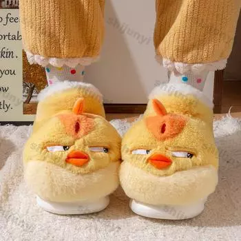 Женские новые милые домашние тапочки с рисунком из мультфильма, женские забавные желтые цыплята, зимние теплые пушистые туфли для пар, домашние хлопковые тапочки 34-35 жёлтый