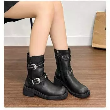Женские новые модные ботинки с круглым носком и толстым каблуком, осенние, из искусственной кожи, однотонные, повседневные, удобные, с боковой молнией, до середины голени 35