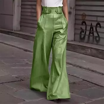 Женские новые модные кожаные брюки с высокой талией, свободные расклешенные брюки из искусственной кожи с карманами на талии L армия зеленый