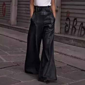 Женские новые модные кожаные брюки с высокой талией, свободные расклешенные брюки из искусственной кожи с карманами на талии L чёрный
