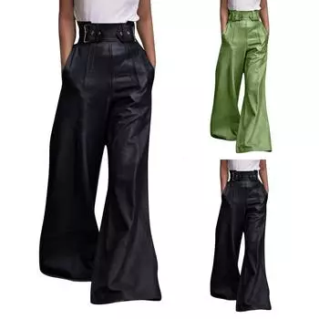 Женские новые модные кожаные брюки с высокой талией, свободные расклешенные брюки из искусственной кожи с карманами на талии L армия зеленый