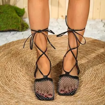 Женские новые модные роскошные сетчатые носки с квадратной головкой, сандалии с сетчатой подошвой, женские сандалии на плоской подошве с яркими бриллиантами, тапочки 36 чёрный