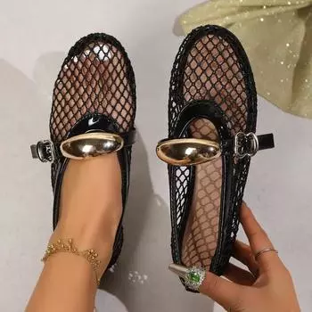 Женские новые модные туфли Мэри Джейн с металлическим декором на плоской подошве, с мягкой подошвой, женские сетчатые дышащие повседневные туфли на плоской подошве с круглым носком 36