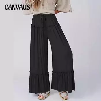 Женские новые однотонные повседневные брюки с высокой талией, тонкие модели, универсальные широкие брюки с завязками на талии S чёрный