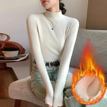 2024 Женская новая осень-зима плюс бархатные толстые футболки майки трикотажные футболки с длинным рукавом водолазка свитер топы блузки для женщин 2XL чёрный