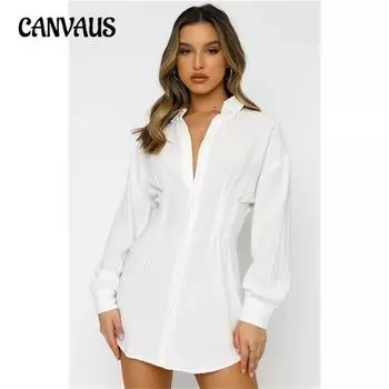 Женские новые осенние и зимние однотонные платья с воротником-рубашкой и талией S белый