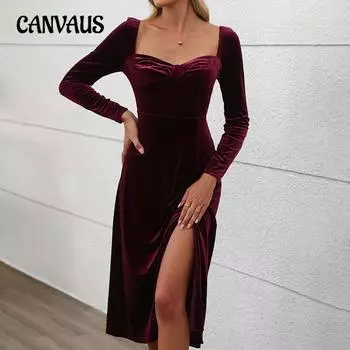Женские новые осенние платья средней длины из бархата с разрезом и квадратным вырезом S бордовый