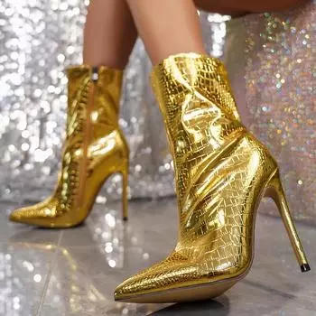 Женские новые остроносые ботильоны на тонком высоком каблуке, женская обувь, модные золотисто-серебристые, большого размера 36-42, женские короткие ботильоны из искусственной кожи 36