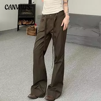 Женские новые повседневные брюки с заниженной талией и шнуровкой в стиле ретро S темно-коричневого