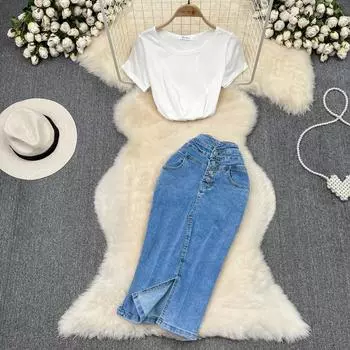 Женские новые повседневные однотонные джинсовые наряды, элегантные хлопковые блузки с короткими рукавами и тонкие облегающие джинсы с разрезом, юбка-карандаш, комплект из двух предметов S синий