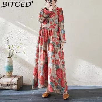 Женские новые праздничные платья больших размеров с цветочным принтом и круглым вырезом, винтажные длинные хлопковые льняные платья L красный
