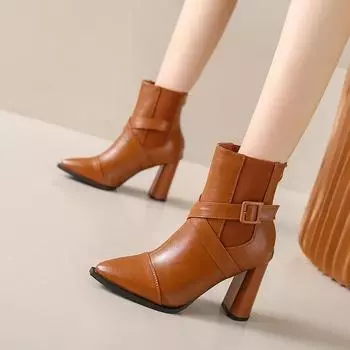 Женские новые простые PU с пряжкой-крестом на толстом каблуке модные зимние ботинки с молнией сзади на высоком каблуке женские ботинки Zapatillas 35