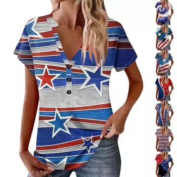 Женские новые пуговицы с V-образным вырезом, модная футболка с коротким рукавом и винтажным принтом, топы, повседневные топы, свободная футболка, пуловер, повседневные свободные топы с принтом L чёрный