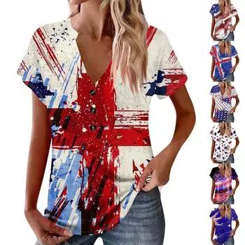 Женские новые пуговицы с V-образным вырезом, модная футболка с коротким рукавом и винтажным принтом, топы, повседневные топы, свободная футболка, пуловер, повседневные свободные топы с принтом L чёрный