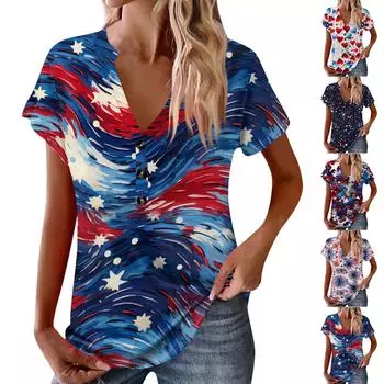 Женские новые пуговицы с V-образным вырезом, модная футболка с коротким рукавом и винтажным принтом, топы, повседневные топы, свободная футболка, пуловер, повседневные свободные топы с принтом L синий
