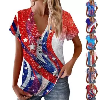 Женские новые пуговицы с V-образным вырезом, модная футболка с коротким рукавом и винтажным принтом, топы, повседневные топы, свободная футболка, пуловер, повседневные свободные топы с принтом L синий