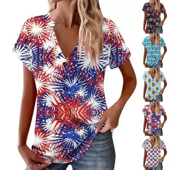 Женские новые пуговицы с V-образным вырезом, модная футболка с коротким рукавом и винтажным принтом, топы, повседневные топы, свободная футболка, пуловер, повседневные свободные топы с принтом L чёрный