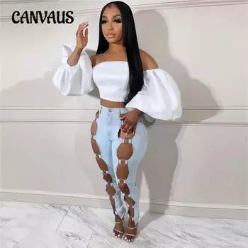 Женские новые сексуальные обтягивающие джинсы с металлическим кольцом и узкими штанинами S светло-синий