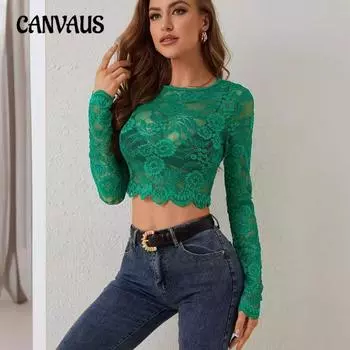 Женские новые сексуальные однослойные кружевные кружевные топы с длинными рукавами и короткими секциями, облегающие тонкие футболки S темно-зеленого