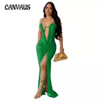 Женские новые сексуальные прозрачные платья из полиэстера и сетки, однотонные, с высоким разрезом S чёрный