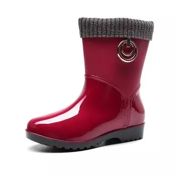 Женские новые теплые резиновые сапоги из ПВХ с мехом, однотонные короткие женские туфли на низком каблуке для взрослых, водонепроницаемые резиновые сапоги из желе, конфетного цвета 9 красный