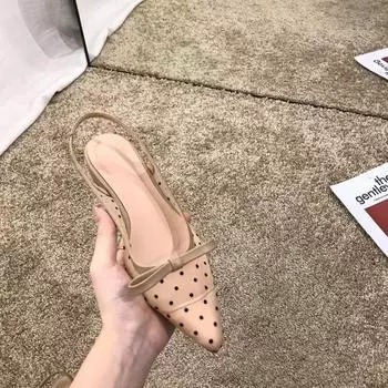 Женские новые туфли Baotou Bow Shoes в горошек на толстом каблуке с изящным острым носком и неглубоким вырезом, женские сандалии 35