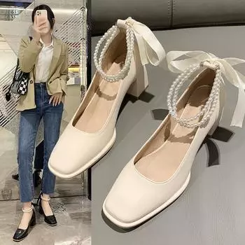 Женские новые туфли на высоком каблуке с бантиком и квадратным носком, французские туфли Мэри Джейн, туфли Хепберн, женские туфли на платформе 38