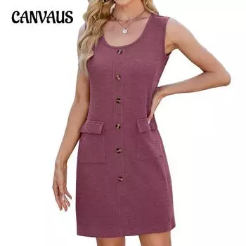 Женские новые весенне-летние однотонные платья без рукавов с круглым вырезом и карманами на пуговицах S розовый