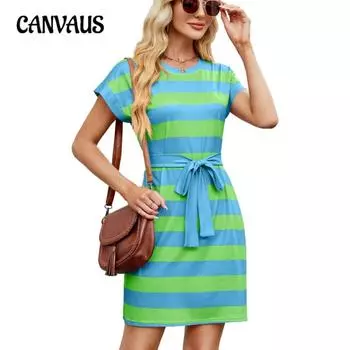 Женские новые весенне-летние полосатые свободные повседневные платья с короткими рукавами и завязкой на талии S розовый/белый