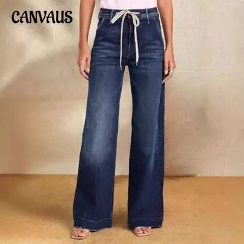 Женские новые весенние эластичные джинсы со шнуровкой, прямые модели темперамента, широкие брюки S темно-синий