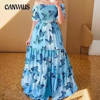 Женские новые весенние и летние платья на одно плечо с цветочным принтом без бретелек длинные S