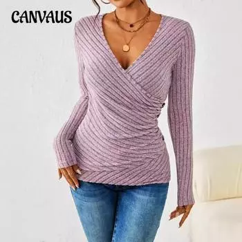 Женские новые весенние и осенние однотонные повседневные топы с V-образным вырезом и длинными рукавами S армия зеленый