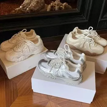 Женские новые весенние спортивные туфли на толстой подошве с мягкой подошвой, на шнуровке, с жемчугом, повседневные, универсальные 35 бежевый