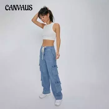 Женские новые весенние уличные рабочие брюки с эффектом потертости, многокарманные джинсы с широкими штанинами и шнуровкой S синий