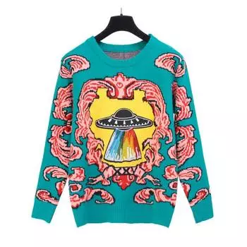 Женские новые винтажные теплые утепленные свитера, жаккардовые пуловеры с НЛО и облаками, зима-осень, вязаные свободные топы в стиле ретро C-012 S морская волна