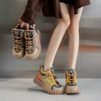 Женские новые зимние теплые нескользящие кожаные высокие спортивные туфли Muffin с толстой подошвой и шерстяными толстыми хлопковыми туфлями 35 жёлтый