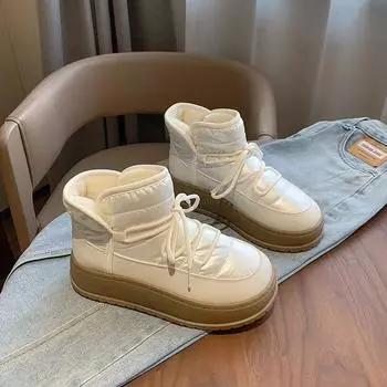 Женские новые зимние уличные нескользящие ботинки на платформе со шнуровкой для ходьбы из хлопка, женские повседневные водонепроницаемые плюшевые теплые зимние ботинки 35 бежевый