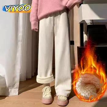 Женские новые зимние вельветовые плюс бархатные толстые брюки большого размера, термобелье, корейская одежда, уличная одежда 2023, элегантная женская одежда Y2K XL бежевый