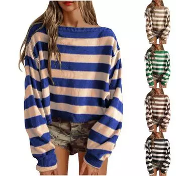 Женские объемные полосатые свитера с длинным рукавом и круглым вырезом, массивные блочные трендовые осенние пуловеры S чёрный