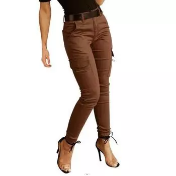 Женские облегающие брюки-карго с низкой посадкой и застежкой-молнией, однотонные брюки-карандаш, дизайн с несколькими карманами S темно-коричневого