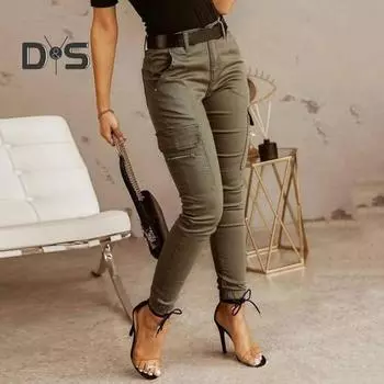 Женские облегающие брюки-карго с низкой посадкой и молнией на пуговицах, однотонные брюки-карандаш, дизайнерские леггинсы с несколькими карманами S темно-коричневого