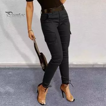 Женские облегающие брюки-карго с низкой посадкой и молнией на пуговицах, однотонные брюки-карандаш, дизайнерские леггинсы с несколькими карманами S чёрный