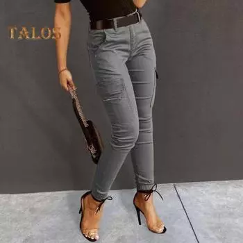 Женские облегающие брюки-карго с низкой посадкой и молнией на пуговицах, однотонные брюки-карандаш, дизайнерские леггинсы с несколькими карманами M темно-коричневого