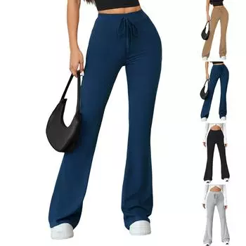 Женские облегающие брюки-трубы с высокой талией и завязками на шнурке для занятий йогой и отдыхом на свежем воздухе L чёрный