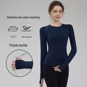 «Женские облегающие быстросохнущие спортивные топы с длинным рукавом для осени и зимы — дышащая одежда для йоги и бега» Large темно-синий