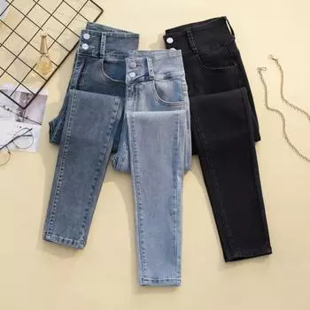 Женские облегающие джинсы с двумя пуговицами, облегающие брюки-карандаш S чёрный