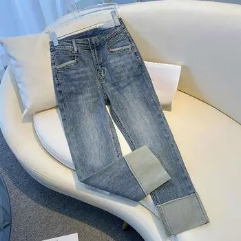 Женские облегающие джинсы-сигареты с высокой талией и отстрочкой на манжетах — эластичные и прямого покроя для лета XL