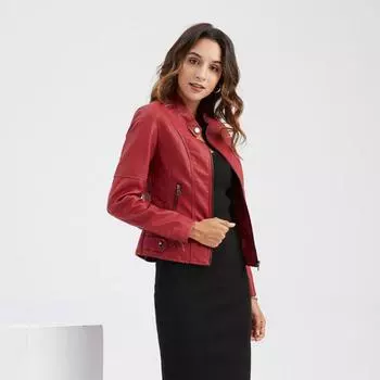 Женские облегающие кожаные куртки на весну и осень с длинным рукавом и воротником-стойкой S-4XL S чёрный