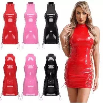 Женские облегающие платья из лакированной кожи и латекса для ночного клуба, для вечеринок на пилоне в стиле панк, коктейльное платье со шнуровкой сбоку S