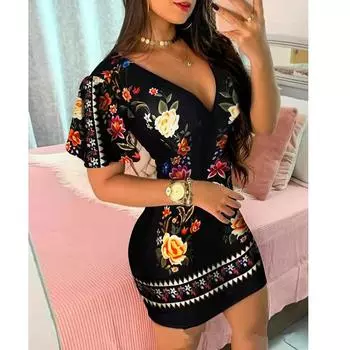 Женские облегающие платья с цветочным принтом и V-образным вырезом, сексуальное летнее мини-платье с коротким рукавом и повязкой S чёрный